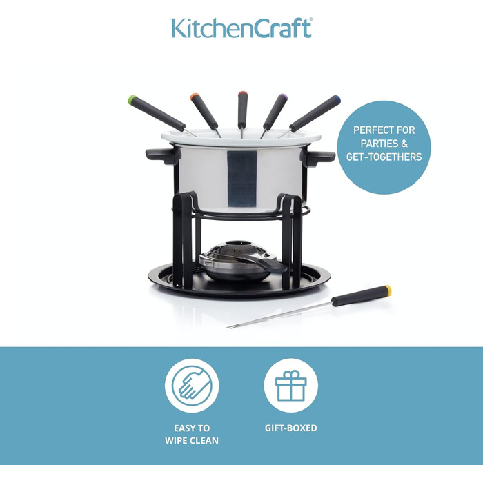 Набір для фондю KitchenCraft 3-в-1 з кольоровими виделками, для шоколадного, м’ясного та сирного фондю, сріблястий