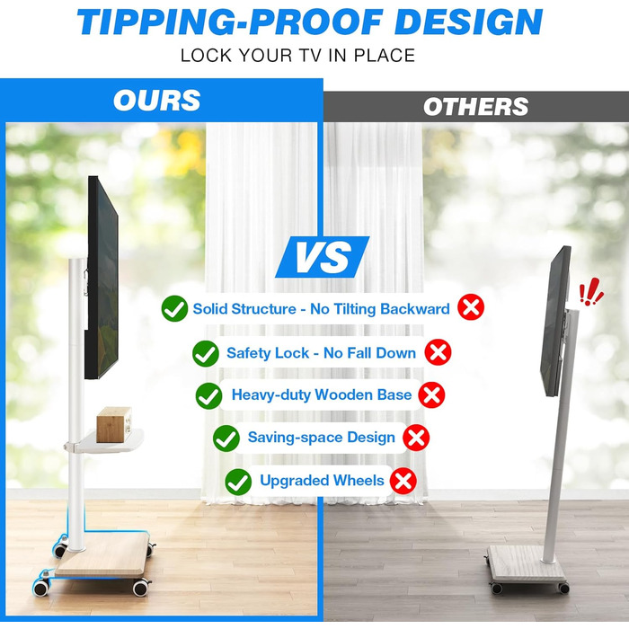 Мобільна тумба під телевізор з поличкою, поворотна, регульована по висоті, 27-60 дюймів, до 40 кг, VESA 400x400 мм (Бежевий)