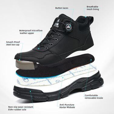 Черевики безпеки для чоловіків та жінок. Легкі, водонепроникні робочі черевики з металевим підноском та поворотним закриттям. Розмір 44 EU, чорний колір.