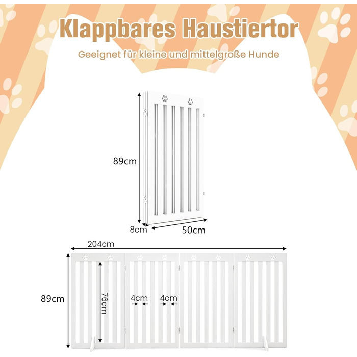 Захисний забір для собак COSTWAY 89 см, дерев'яне огорожа, дитяче ворота, розкладні, гнучкий захист, 4 панелі (білий)