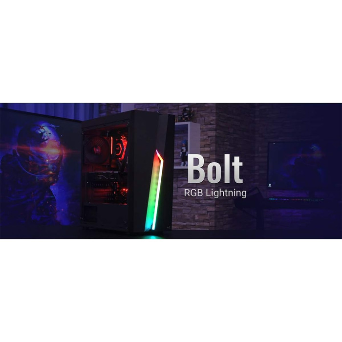 Корпус для ПК Aerocool Bolt Mid-Tower RGB, ATX, з прозорою бічною панеллю, RGB підсвітка, 120мм вентилятор, Чорний