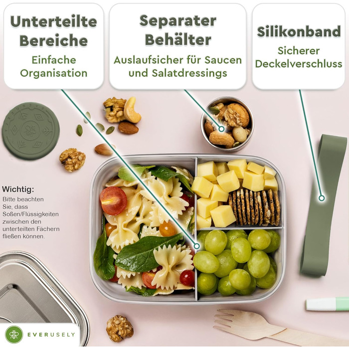 Бенто-бокс Everusely 0.8L з нержавіючої сталі з контейнером для спецій та органайзером для перекусів (3 відділення)