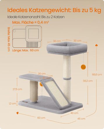 Feandrea Cat Tree with Lounging Area, Multifunctional Cat Tree with Platform, Swivel Ramp, Cat Brush, Plush Balls, Scratching Post, Small Cat Tree, 66.6 cm High, Light Grey PCA024G01