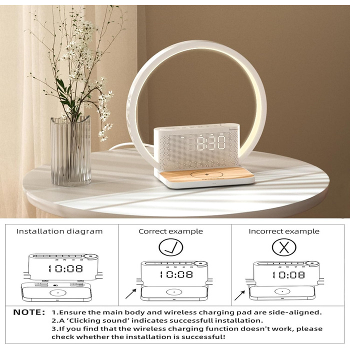 Нічна лампа RETEYUNG з бездротовою зарядкою 10W, 2 будильники, денний світловий будильник, 10 заспокійливих звуків, сенсорне регулювання яскравості (3 рівні), стиль арт-деко