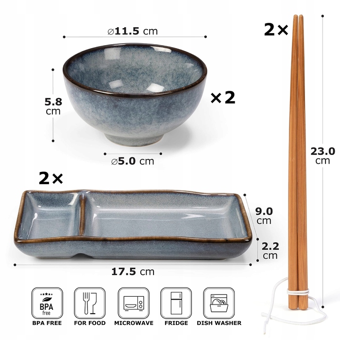 Набір для суші Misaki, сіро-блакитний: 2 тарілки, 2 піалки, 2 пари паличок