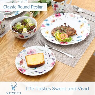 VEWEET Сервіз на 4 особи, 16 предметів, порцеляна. Сучасний сервіз з обідніми, десертними тарілками, мисками для каші та чашками. Можна мити в посудомийній машині та використовувати в мікрохвильовій печі. Серія Doris, 32 предмета