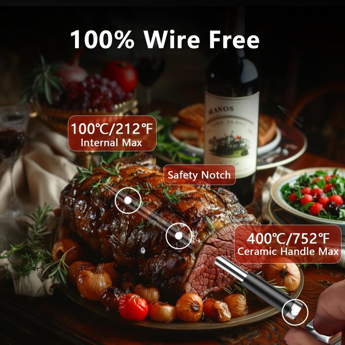 BFOUR Wireless Meat Thermometer Grill Thermometer Bluetooth with App, IP67 Waterproof Core Temperature Probe, Large Display Roasting Thermometer, App Control, for Grill, Oven, Rotisserie (Green)