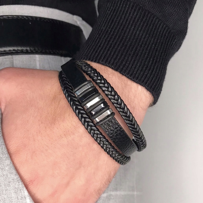 Чоловічий шкіряний браслет Premium: елегантний стиль, чорна сталь 316L