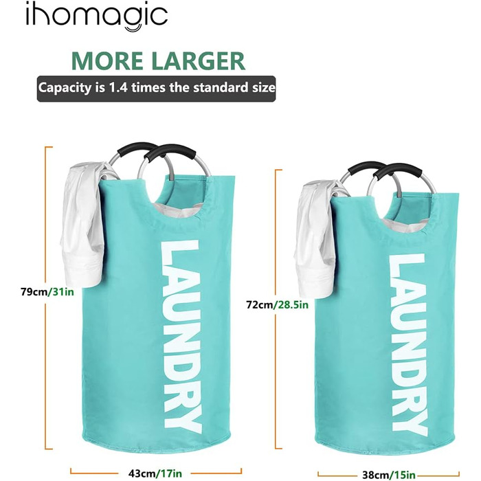 IHOMAGIC Великий кошик для білизни 120 л, складаний, з ручками, для подорожей, мішок для прання, зберігання одягу, XL, синій, 43x43x79 см