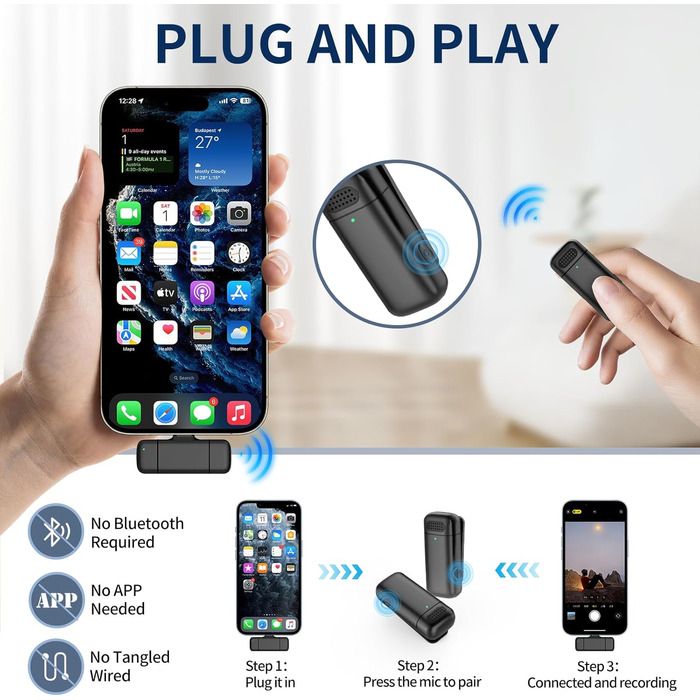 Бездротове мікрофон з кейсом для зарядки iPhone, iPad, Android, USB-C. Лавалерний мікрофон з шумозаглушенням для запису, YouTube, Facebook, TikTok, Vlog, Livestream, Plug and Play