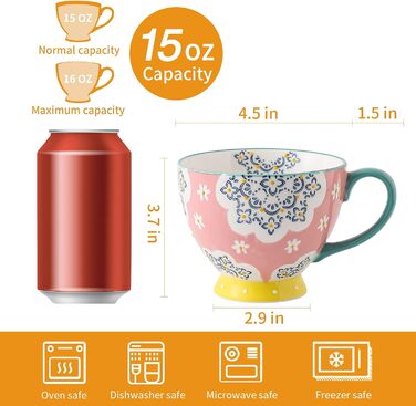 superyes Large Coffee Mug Set, 4 Pieces, Coffee Mug Set for Tea, Milk, Latte, Cappuccino, Cereal, Hot Chocolate, Soup, Gift for Friends, Family, 425 ml (Flower)