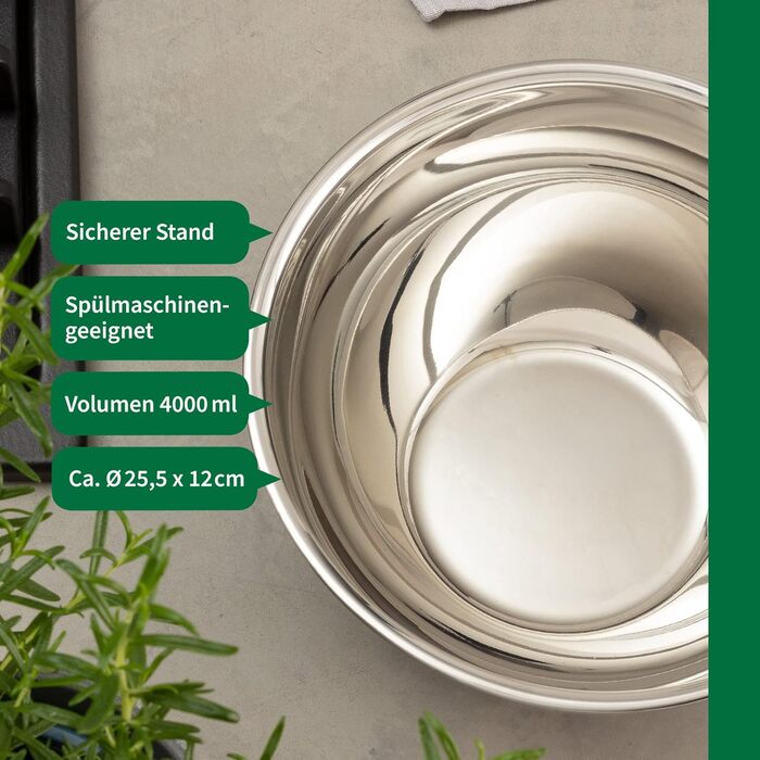 Нержавіюча чаша для кухні Fackelmann Chefkoch Bonn – 4.0 л з антиковзним дном, 1.25 л для салатів, тіста та іншого. Якісна, придатна для миття в посудомийній машині, діаметр 17.7 см, висота 8 см