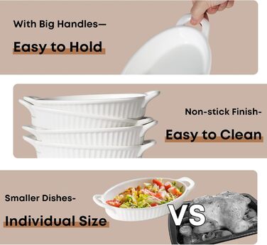 Frewinky Au Gratin Casserole Dish Set, Ceramic, with Handles, Heat-Resistant, Mini Casserole Dishes for Oven, Oval Porcelain Baking Dishes for Gratin, Casseroles and Roasting, 4-Piece Set, White 4 PCS White (Soft White)
