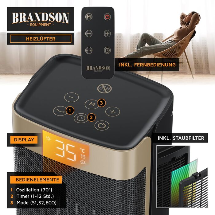 Керамічний обігрівач Brandson з пультом керування, тихий, енергозберігаючий, з осциляцією, дитячий захист, таймер, 2 режими, ECO режим, 2000 Вт - для ванної, вітальні, офісу, дитячої кімнати