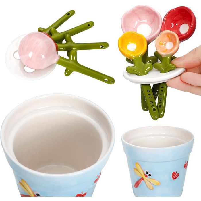 Ceramic Measuring Spoon Set in Jar – Cute Measuring Cups, Spoons for Dry and Wet Ingredients, 1 Tablespoon, 1 Teaspoon, 1/2 Teaspoon, 1/4 Teaspoon, 1 Cup