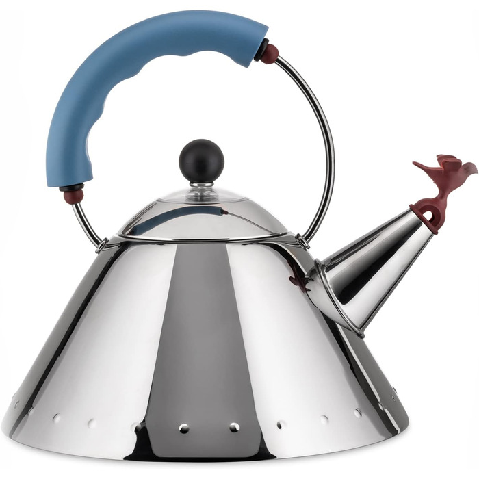 Alessi stainless steel kettle with handle and bird-shaped PA whistle, light blue, 4.4 x 25 x 4.4 cm, Blue Blue Stainless Steel