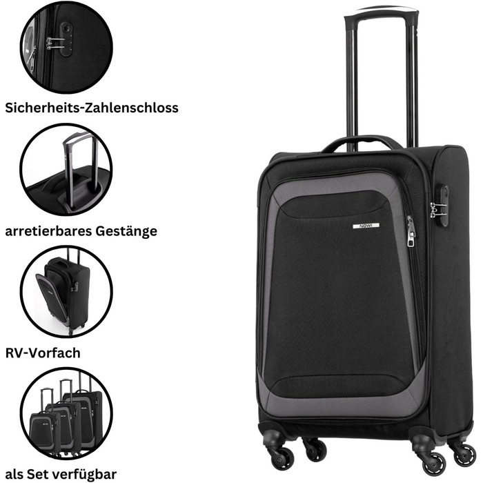 Чемодан NOWI Korfu Weichschaen Troey – середній, тканинний, 50 літрів, 4 колеса та кишеня | Легкий дорожній чемодан для жінок та чоловіків (XL, чорний)