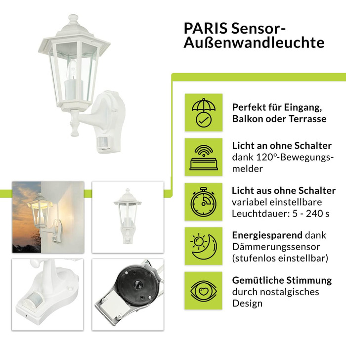 Зовнішнє настінне освітлення PARIS з датчиком руху, IP44, матеріал: алюміній, скло, висота: 23 см, цоколь E27, для саду та фасаду
