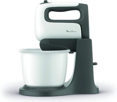 Moulinex HM4641 Prep'Mix+ electric hand mixer, with stainless steel whisk and dough hooks for stirring, whisking, and beating, self-rotating bowl with 2.5 l capacity, 5 speeds, and