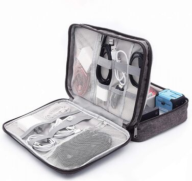 Водонепроникна сумка-органайзер для кабелів та електроніки Ruyosn. Двошарова сумка для кабелів, Power Bank та аксесуарів. Сіра, універсальний розмір.