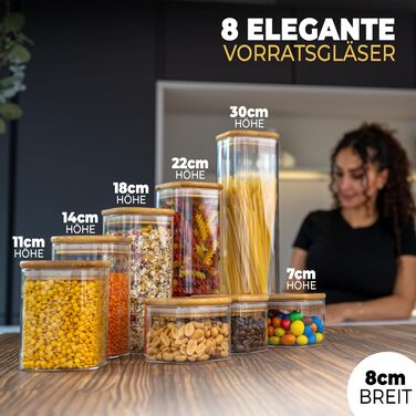 Скляні банки для зберігання з кришкою, кутові, набір 8 шт., об'єм 5,2 л, посилене скло, герметичні контейнери для продуктів, кухонні органайзери