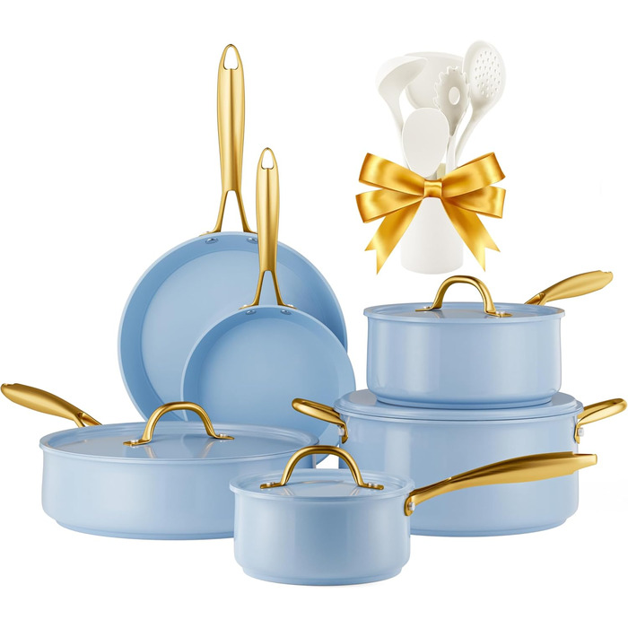 RIOVARM Induction Pots and Pans Set with Lids, Ceramic Non-Stick Coating Cookware Set, Kitchen Essentials Set with Utensil Set, Frying Pan, Saucepan, Saute Pan, Saucepan, Spatula Blue