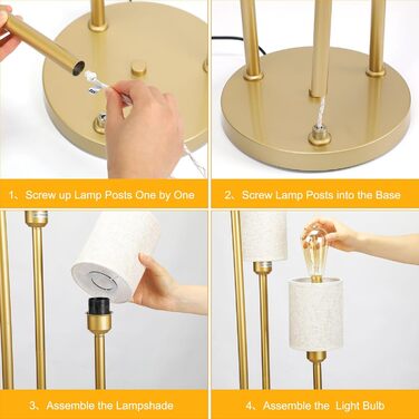 Стійка лампа Winverty для вітальні з полицею, 3 лампи, вінтажний стиль, індустріальний дизайн, E27, вимикач на нозі, абажур з льону, 1.66 м (золота)