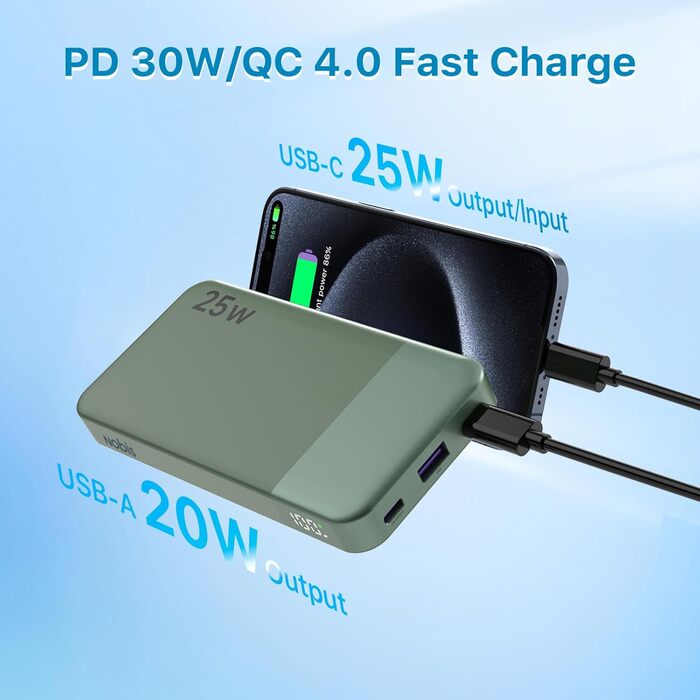 Power Bank Nobis 10000mAh 25W з USB-C кабелем, цифровою індикацією, зелений