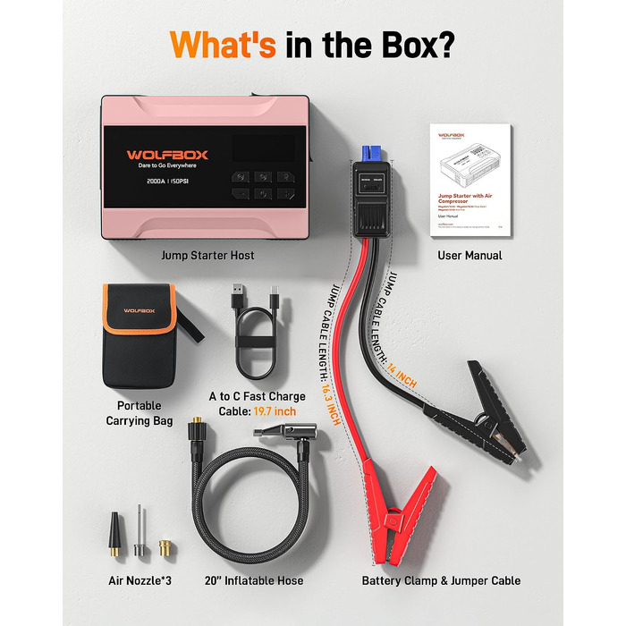 Пусковий пристрій WOLFBOX 2000A з компресором для авто, портативний бустер акумулятора 37 Вт-год (до 5л бензин), 12В набір з насосом 150 PSI, пусковими кабелями та LED-ліхтарем