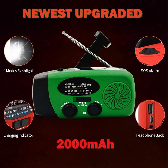 Радіо на сонячній батареї з ручним заводом 2000mAh, AM/FM/NOAA, зарядний пристрій для телефону з SOS, ліхтарик LED, вихід для навушників, портативний аварійний радіоприймач (Зелений)