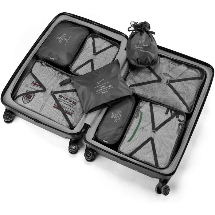 Органайзер для валізи: 8 комплектів/7 кольорів. Водонепроникмі сумки для взуття та компресійні мішки для подорожей (чорний)