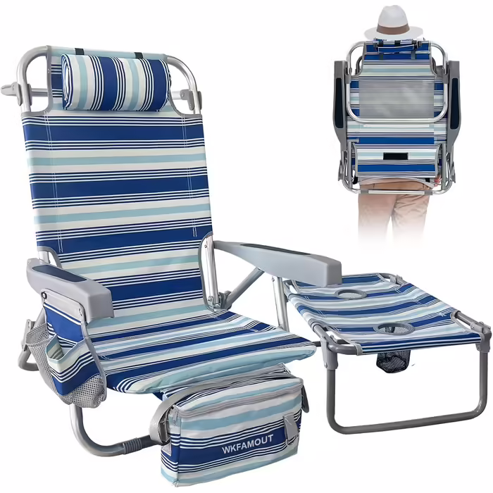 WKFAMOUT Folding Beach Chair with Folding Table, 5 Position Backpack Chair for the Beach, High-Back Camping Chair with Cooler Bag, Adjustable Backrest and Carrier, White, 1 Piece