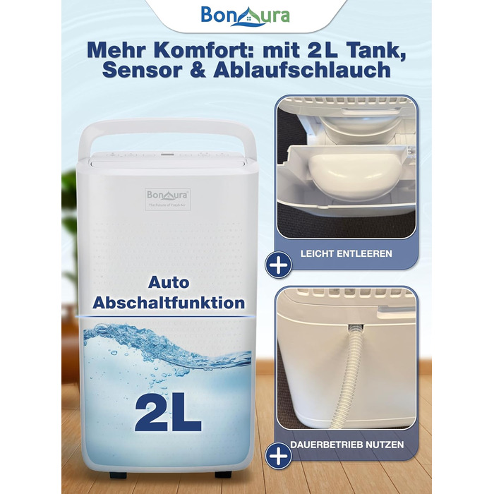 Електричний осушувач повітря BonAura® 10L з LED дисплеєм, таймером та авто-режимом - для підвалів та приміщень до 40м³ - допомога від плісняви