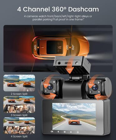 Автомобільний відеореєстратор 360° 4K/FHD 1080P (4 канали: передній, задній, лівий, правий) з ІК-нічним баченням, G-сенсором, моніторингом паркування 24г та карткою пам'яті 64 ГБ, екран 3 дюйми