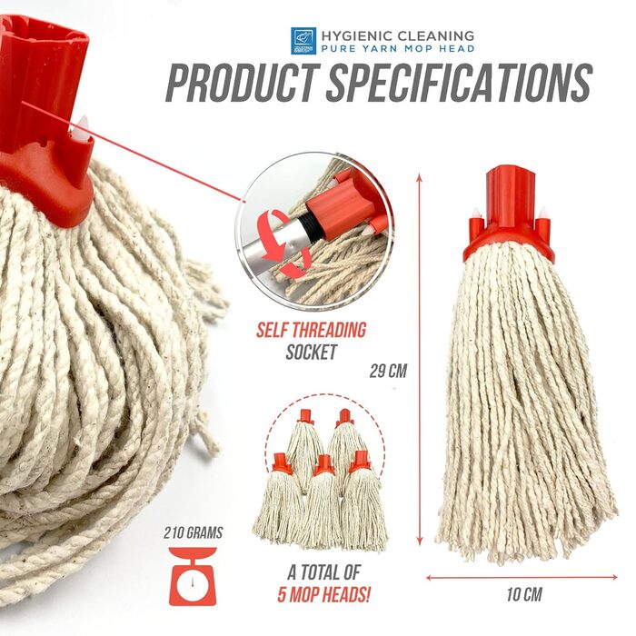 Replacement Mop Heads, color-coded, self-threading, cotton mop head No. 12 PY (Red, 5 pieces)
