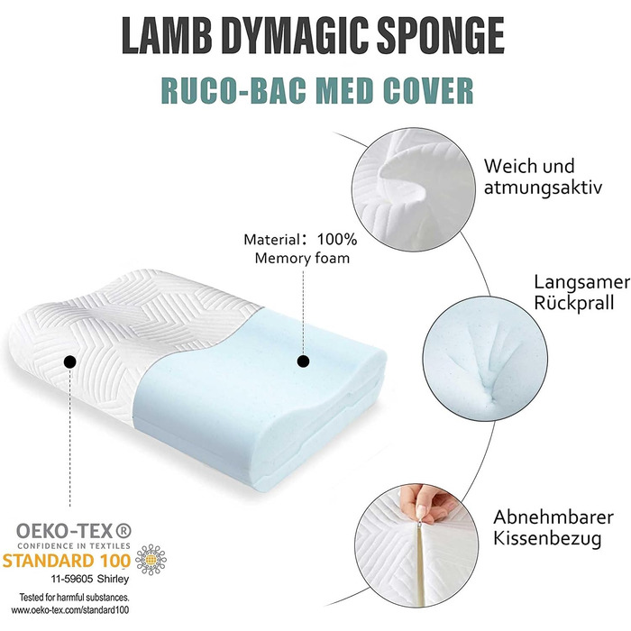 Ергономічна подушка для шиї LAMB з ефектом пам'яті (Memory Foam), ортопедична подушка для сну та підтримки шиї з антибактеріальним чохлом RUCO-BAC, 60x35x12/10 см, синя