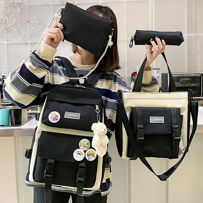 Чорний шкільний рюкзак для дівчаток-підлітків, набір, бутик-модель, 31 x 44 x 14 см