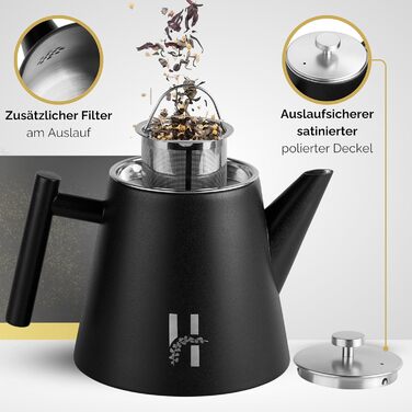 Hanamura Thermo Teapot with Infuser - Stainless Steel Teapot, Double-Walled and with Strainer - 1L - Black Metal Teapot - Insulated Thermos Modern Design