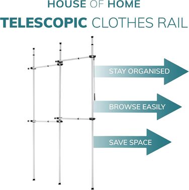 Robust, triple-extendable clothes rail from House of Home – Replacement for clothes rail in wardrobe – Adjustable shelf frame – Clothes storage (double bed)