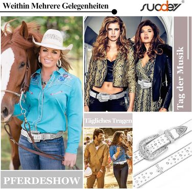 Чоловічий та жіночий шкіряний ремінь SUOSDEY з стразами, ковбойський стиль, 105 см, розмір 71-85 см