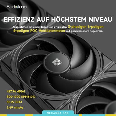 Система водяного охолодження Nexaura 360: AIO з 3 вентиляторами PWM ARGB та тихою помпою (2500–3600 RPM) для Intel LGA 1851/1700/1200/115X AMD AM5/AM4, чорний