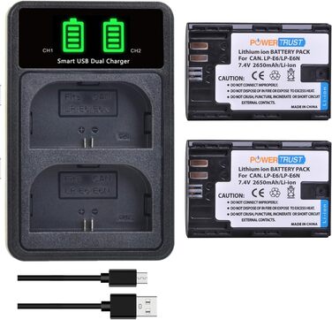 Акумулятор PowerTrust LP-E6/LP-E6N та зарядний пристрій для Canon EOS R5, R5 C, R6, R7, R, 60Da, 60D, 70D, 80D, 90D, 5DS R, 5Ds, 5D Mark II, 5D Mark III, 5D Mark IV, 6D, 6D Mark II, 7D, 7D Mark II