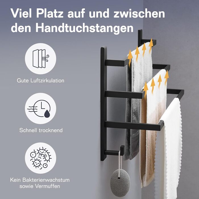 Тримач для рушників без свердління для ванної кімнати | Без бактерій | Приховані шурупи | Тримач для рушників з гачками - нержавіюча сталь SUS 304, чорний