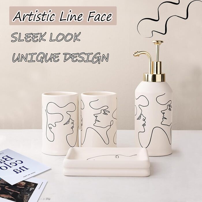 4-Piece Ceramic Bathroom Set, Artistic Line Face Bathroom Accessories Set with Soap Dispenser, Toothbrush Holder, Cup, Soap Dish, Abstract Bathroom Set for Decor, Cream