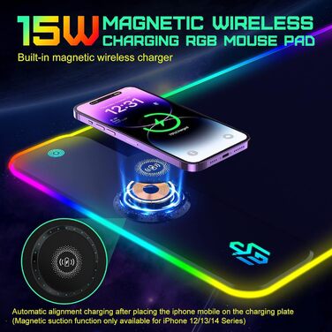 Ігровий килимок для миші RGB з бездротовою зарядкою Qi 15W, 800x350x4мм, 10 режимів підсвічування, швидка зарядка 10W для iPhone 13/13 Pro, водонепроникний та протиковзкий (Dark)