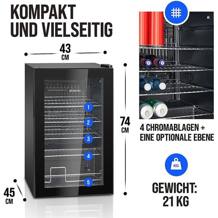 Холодильник для напоїв Bomann® KSG 7287, 63 літри, регулювання температури +3–10°C, з дверцятами зі скла, 4 полиці та LED-підсвічуванням, тихий, енергоефективний, компактний, для пляшок та банок, модель 2024
