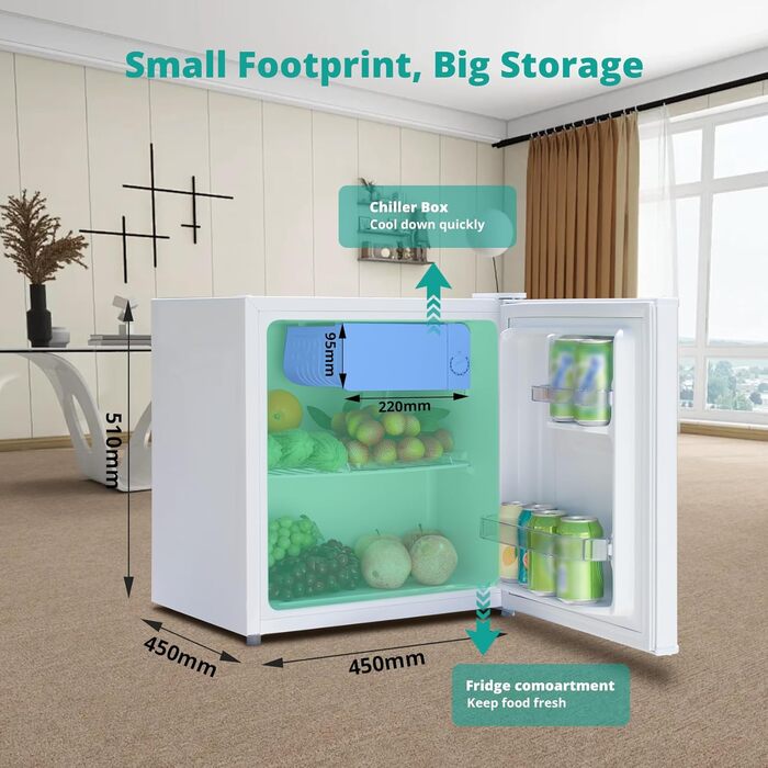 SMETA Mini-холодильник 48L з морозильною камерою, 230V, тихий настільний холодильник для офісу, кемпінгу, спальні та готелю з регульованим термостатом (6 ступенів), 39dB, 0-10℃