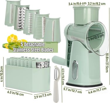 Ручна тертка для сиру та овочів з 5 зміненими лезами з нержавіючої сталі, кругла тертка з ручною рукояткою, харчовий подрібнювач для кухні, зелена коробка для зберігання