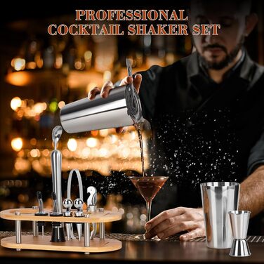 Набір для приготування коктейлів FoiiLiio 12 шт. з шейкером 750 мл, аксесуари для бару, нержавіюча сталь, бамбуковий стійкий, для дому