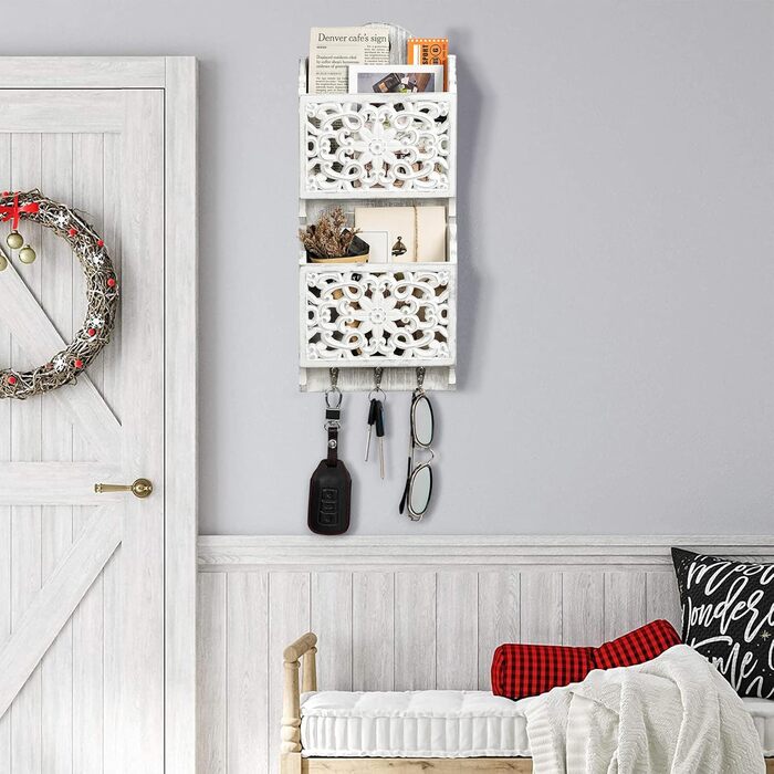 Дерев'яний органайзер для ключів з поличкою та відділенням для листів, крейдяною дошкою та 8 гачками, настінний (античний)